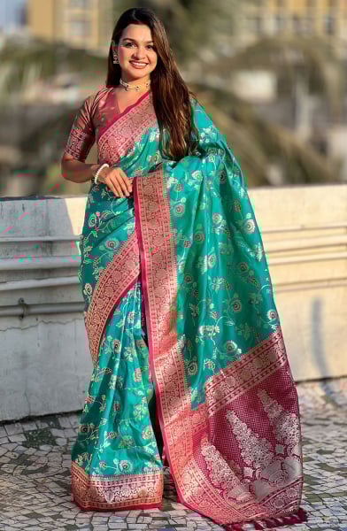Rama Green Meenakari Weaving Banarasi Silk Saree
