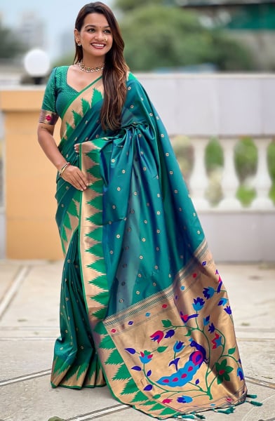 Rama Green Meenakari Weaving Paithani Silk Saree