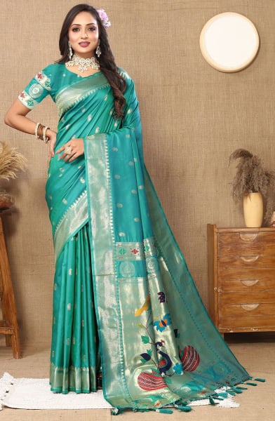 Rama Green Meenakari Woven Paithani Silk Saree