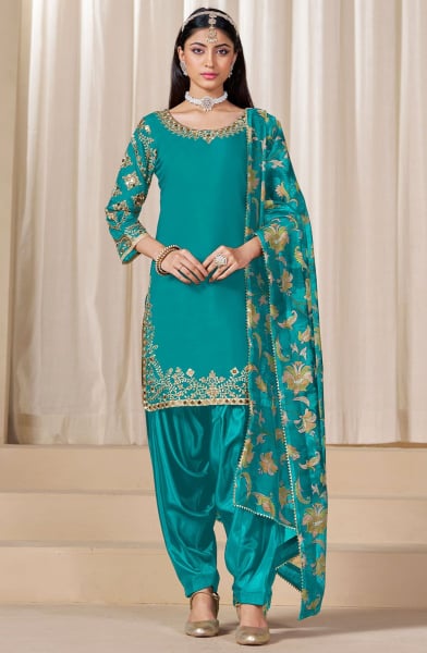 Rama Green Mirror Work Viscose Chanderi Patiala Kameez