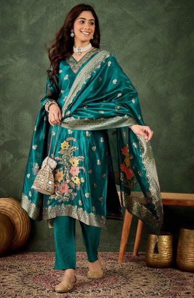 Rama Green Organza Silk Partywear Suit