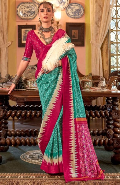 Rama Green Patola Design Viscose Silk Saree
