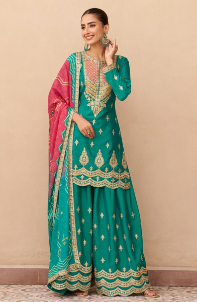 Rama Green Premium Chinon Silk Palazzo Kameez Suit