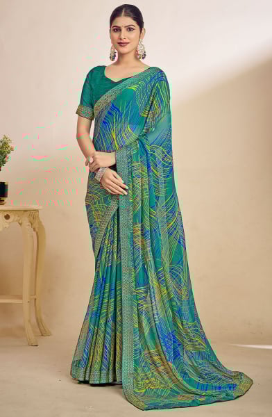 Rama Green Printed Chiffon Saree