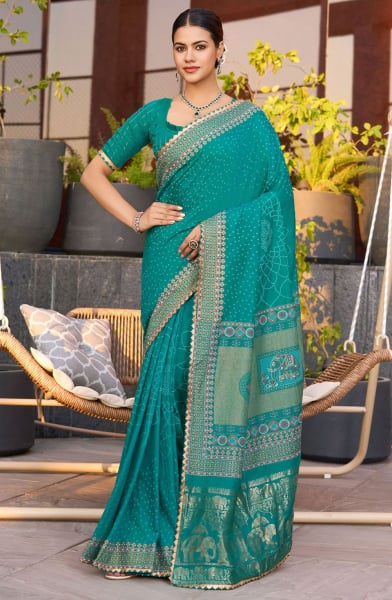 Rama Green Printed Cotton Saree for Festival