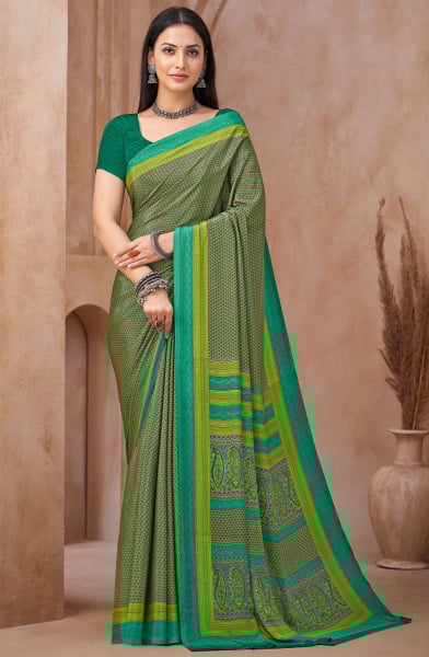 Rama Green Printed Crepe Casual Saree