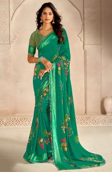 Rama Green Printed Georgette Saree