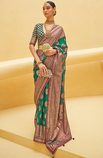 Rama Green Printed Organza Brasso Party Wear Saree