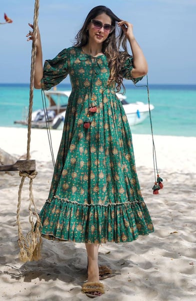 Rama Green Printed Rayon Plus Size Frock
