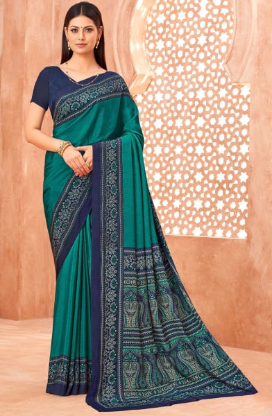 Rama Green Printed Silk Crepe Saree