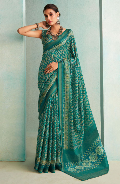 Rama Green Pure Jute Printed Saree