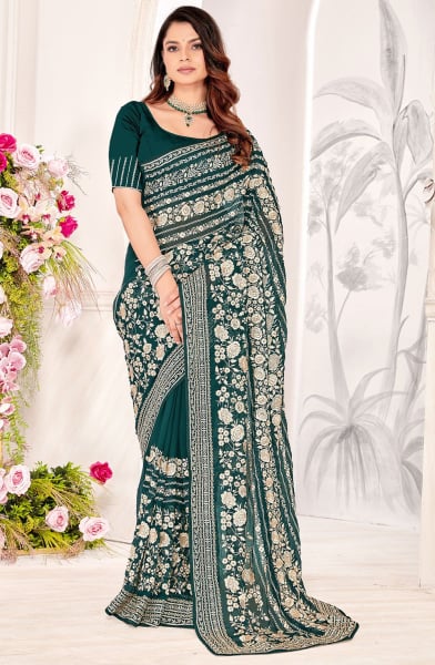 Rama Green Resham Embroidered Georgette Saree
