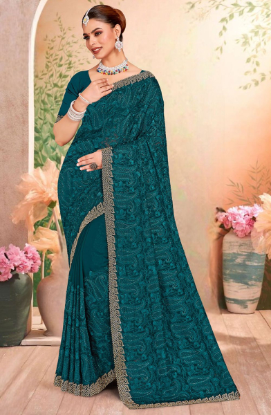 Rama Green Resham Embroidered Georgette Saree