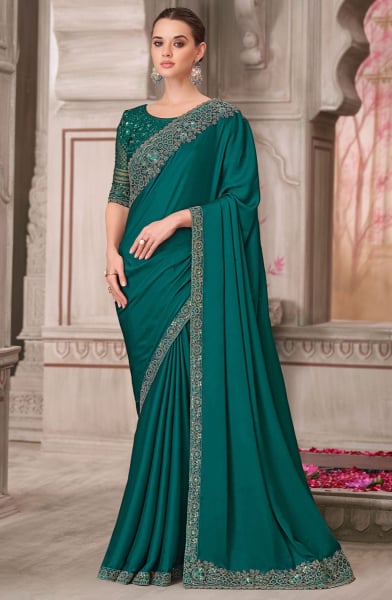 Rama Green Satin Silk Saree with Embroidered Blouse