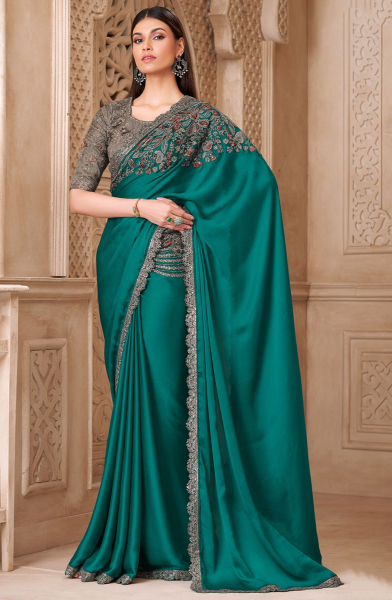Rama Green Satin Silk Saree with Embroidered Blouse