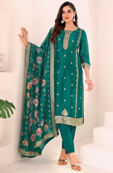 Rama Green Silk Readymade Pant Kameez Suit