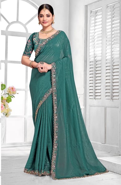Rama Green Silk Sequins Embroidered Saree