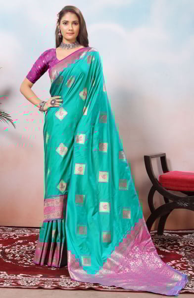 Rama Green Soft Silk Saree with Jacquard Border