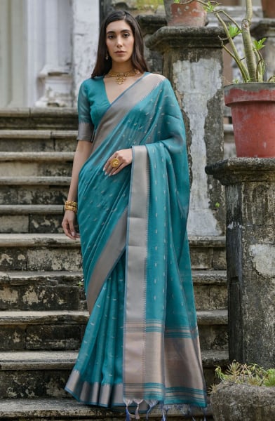 Rama Green Soft Tussar Silk Woven Saree