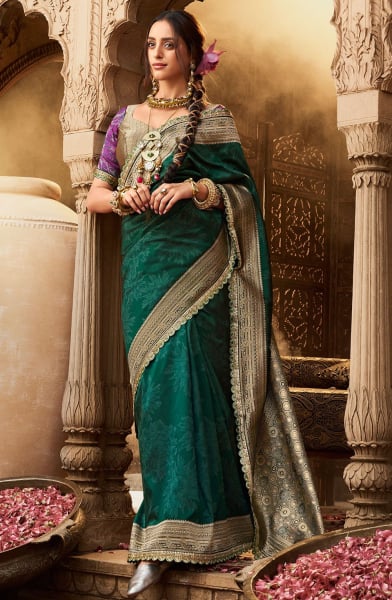 Rama Green Woven Banarasi Silk Saree