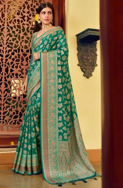 Rama Green Woven Georgette Saree