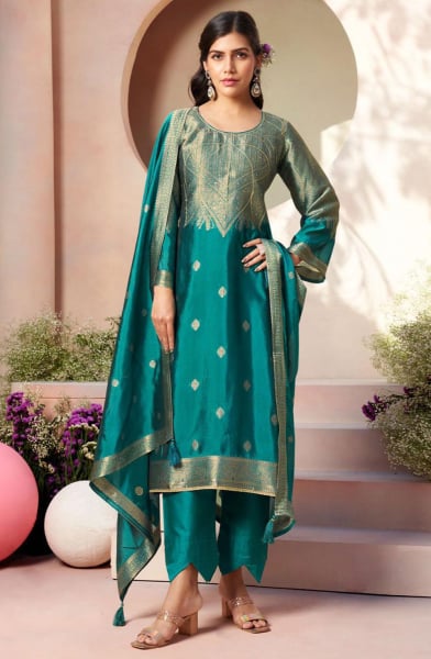 Rama Green Woven Pure Silk Pant Kameez