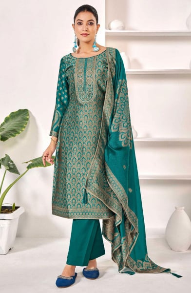 Rama Green Woven Pure Silk Pant Kameez