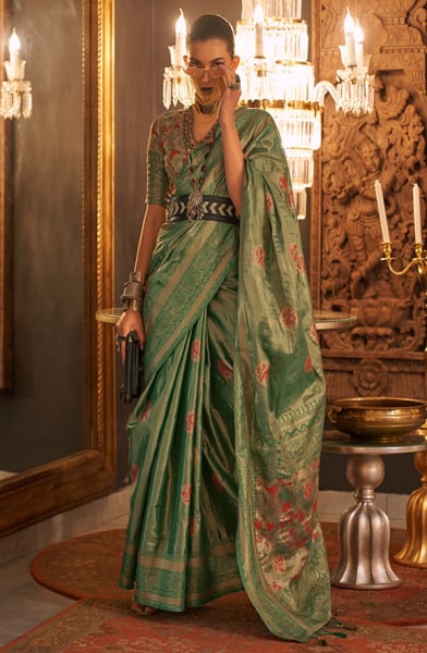 Rama Green Zari Woven Handloom Silk Saree