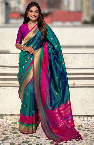 Rama Green Zari Woven Paithani Silk Saree
