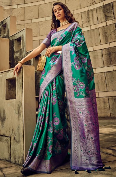 Rama Green Zari Woven Satin Brasso Saree