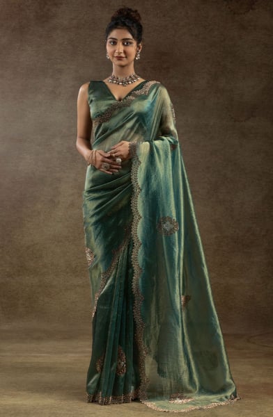Rama Green Zarkan Embellished Banarasi Silk Saree