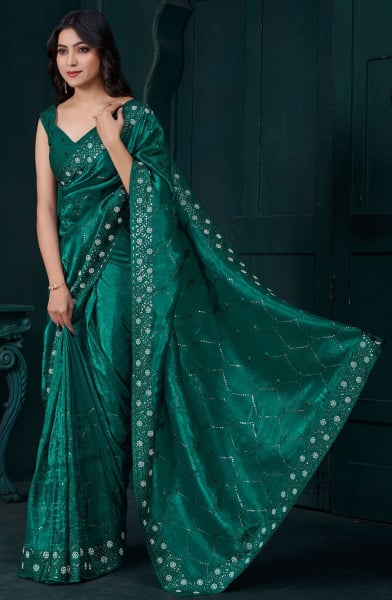 Rama Green Zarkan Embellished Crepe Silk Saree