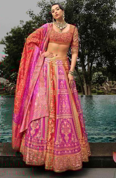 Rani Pink and Coral Red Silk Readymade Designer Lehenga Choli