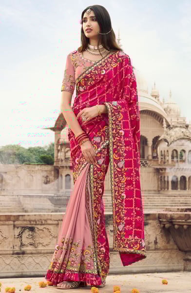 Rani Pink and Dusty Pink Embroidered Silk Designer Saree