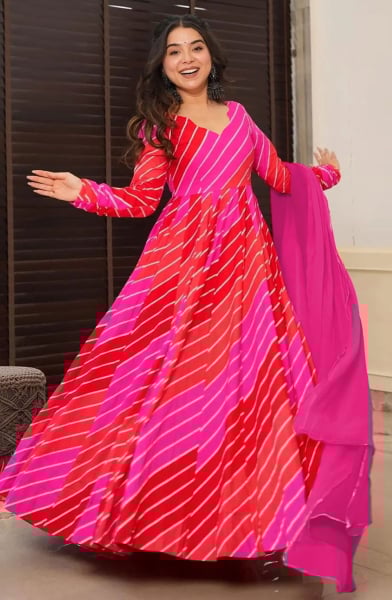 Rani Pink and Hot Red Flared Rayon Gown with Dupatta