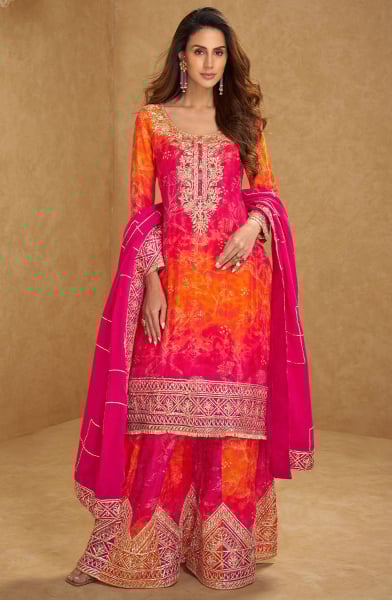 Rani Pink and Orange Embroidered Chinnon Silk Palazzo Kameez