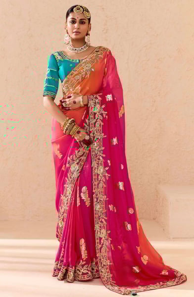 Rani Pink and Orange Embroidered Viscose Bemberg Designer Saree