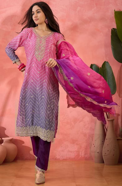 Rani Pink and Wine Embroidered Chinnon Silk Readymade Suit