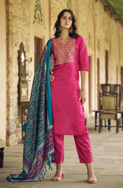 Rani Pink Art Silk Readymade Pant Kameez Suit