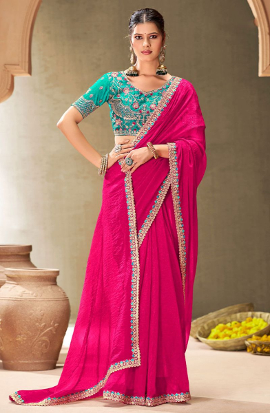 Rani Pink Chiffon Saree with Embroidered Blouse