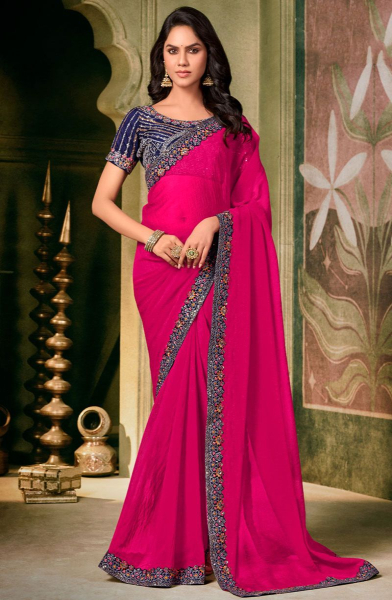 Rani Pink Chiffon Saree with Embroidered Blouse