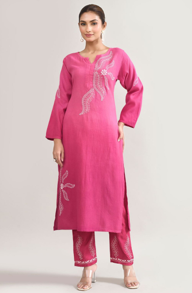 Rani Pink Chikankari Work Cotton Co-Ord Set