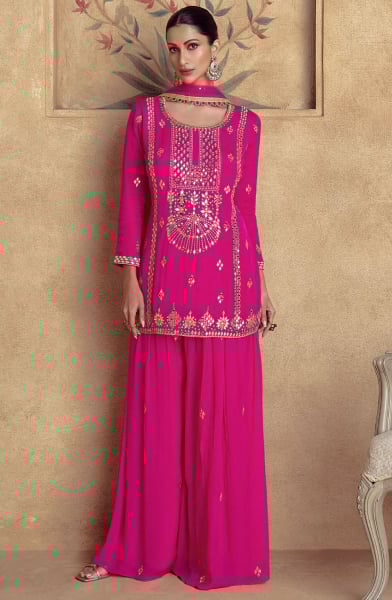 Rani Pink Chinnon Silk Designer Palazzo Kameez