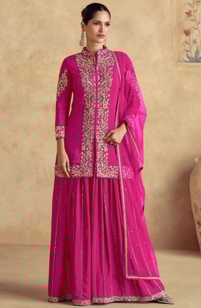 Rani Pink Chinnon Silk Designer Palazzo Kameez