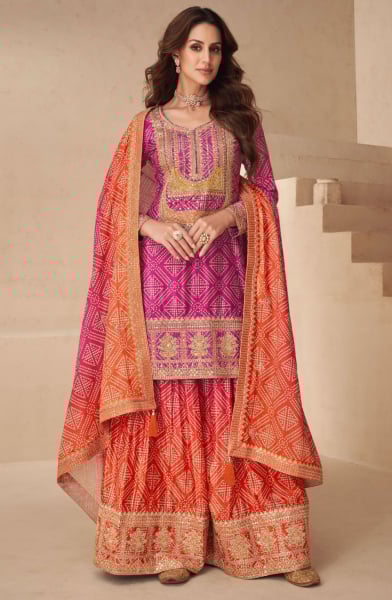 Rani Pink Chinnon Silk Designer Palazzo Kameez Suit