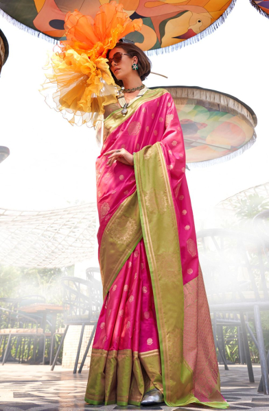Rani Pink Contrast Handloom Weaving Silk Saree