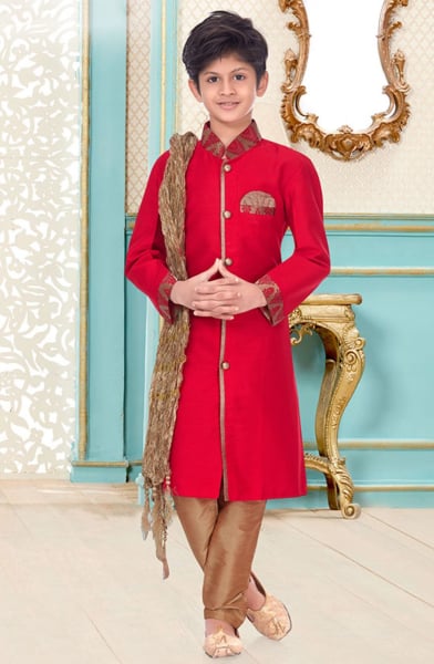 Rani Pink Cotton Linen Kids Sherwani for Wedding