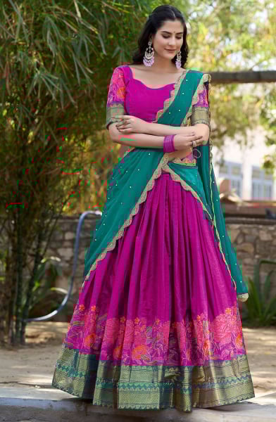 Rani Pink Cotton Silk Party Wear Lehenga Choli Set