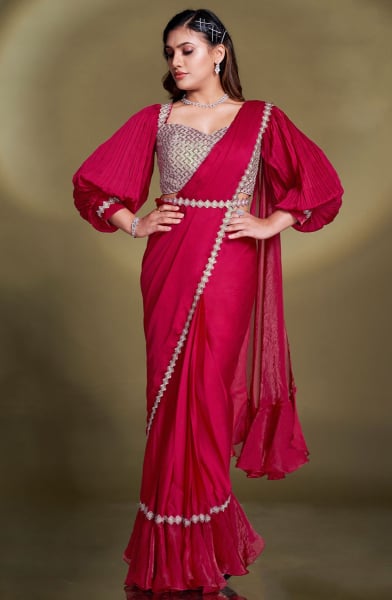 Rani Pink Crepe Satin Silk Sequins Ready to Wear Saree