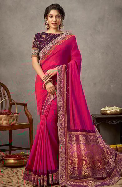 Rani Pink Designer Embroidered Saree